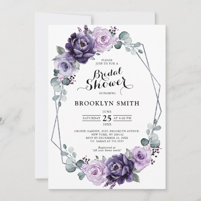 Invitation Plum violet Argent Floral Fête des mariées géométr (Devant)