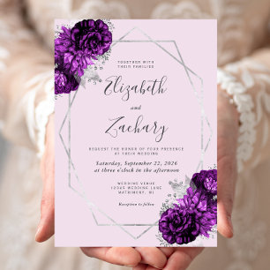 Invitation Plum violet Argent Floral Lilac Mariage