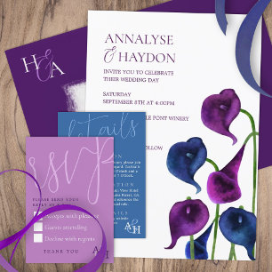 Invitation Plum violet & bleu Calla Lilies Mariage