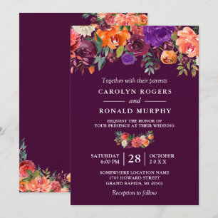 Invitation Plum violet Bourgogne orange Mariage floral