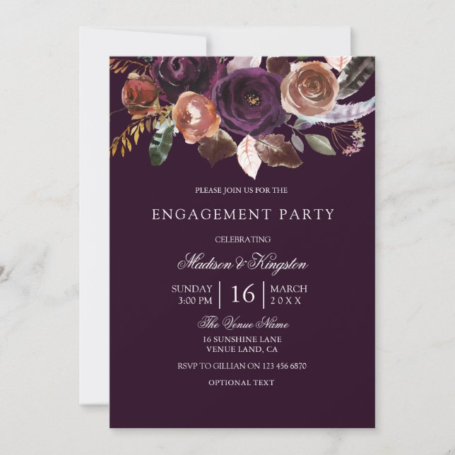 Invitation Plum violet de Bourgogne Pêche Fleur d'engagement (Devant)