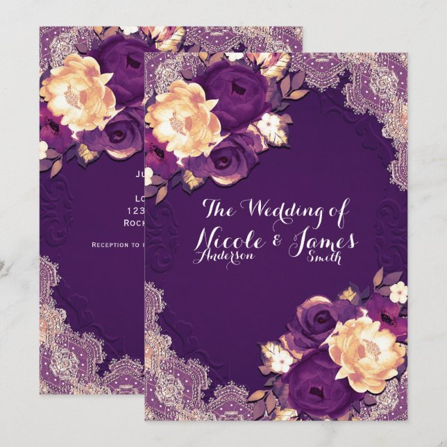Invitation Plum violet Élégant dentelle Mariage campagnard fl (Devant / Derrière)