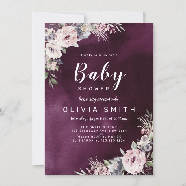 Invitation Plum violet et baby shower floral rose bouho pouss (Devant)