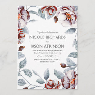 Invitation Plum violet et Mariage d'aquarelle florale bordeau