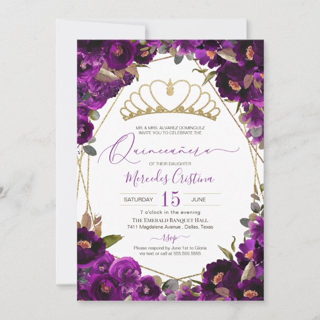Invitation Plum violet or Aquarelle Florale Quinceañera (Devant)