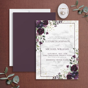 Invitation Plum violet or Aquarelle Mariage de automne en mar