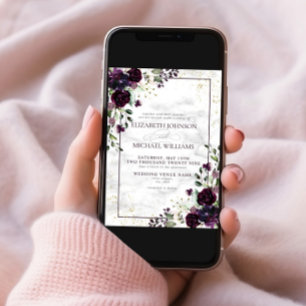 Invitation Plum violet or Aquarelle Mariage de automne en mar