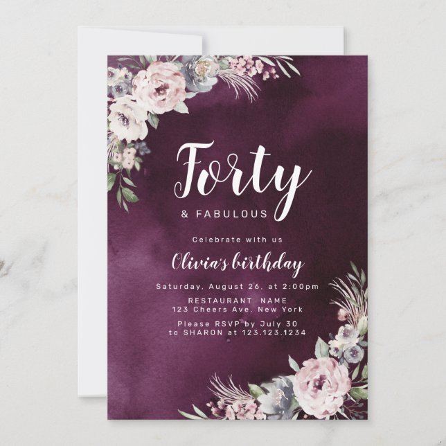 Invitation Plum violet & rose bouho poussiéreux floral 40e an (Devant)