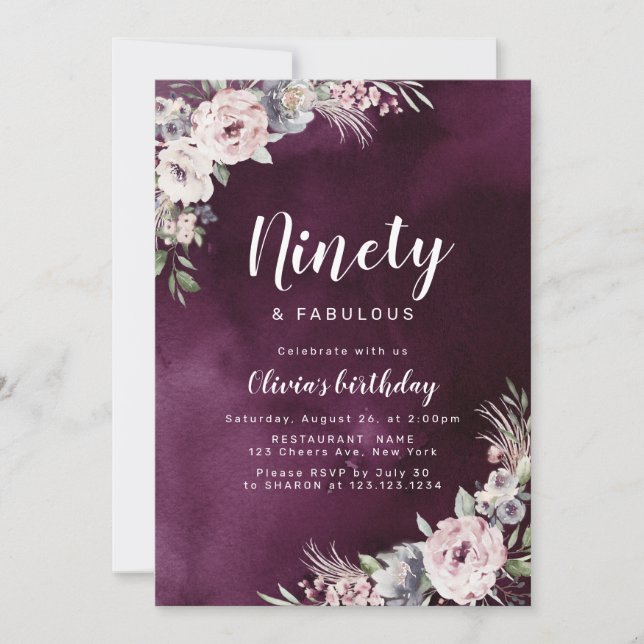 Invitation Plum violet & rose bouho poussiéreux floral 90e an (Devant)