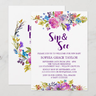 Invitation Plum violet rose et bleu Fleurs Sip et voir