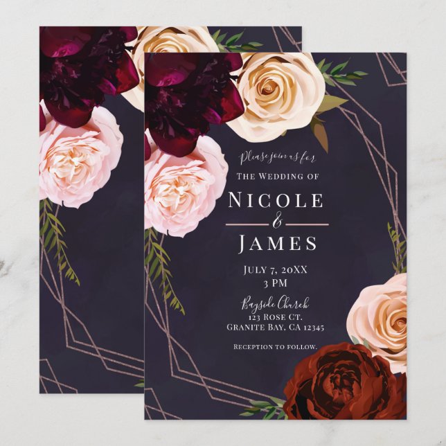 Invitation Plum violet Rose or moderne Rustique Mariage flora (Devant / Derrière)