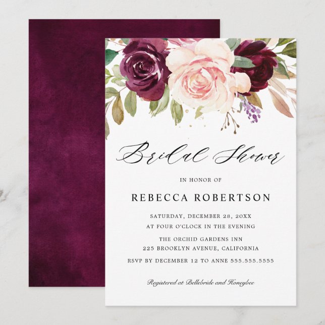 Invitation Plum violet rose pâle Fête des mariées botanique (Devant / Derrière)