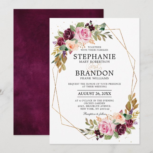 Invitation Plum violet rose pâle Mariage géométrique floral (Devant / Derrière)