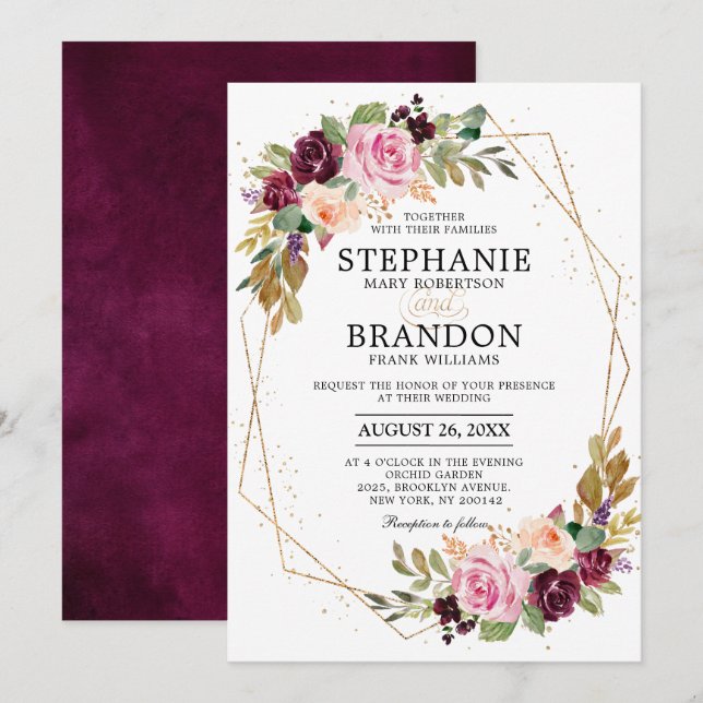 Invitation Plum violet rose pâle Mariage géométrique floral (Devant / Derrière)