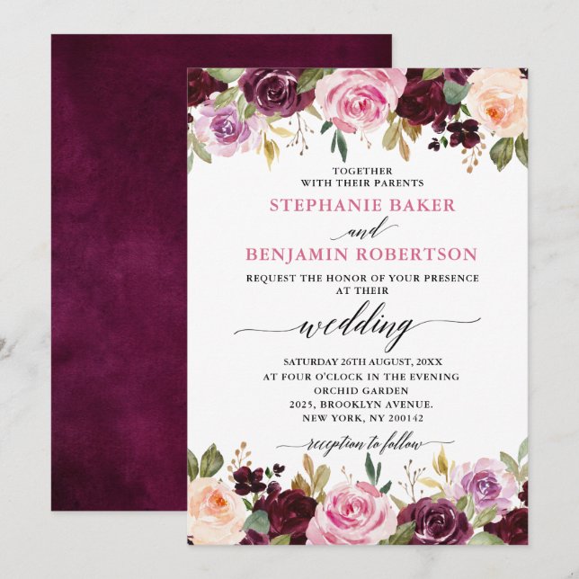 Invitation Plum violet rose pâle Mariage végétal (Devant / Derrière)