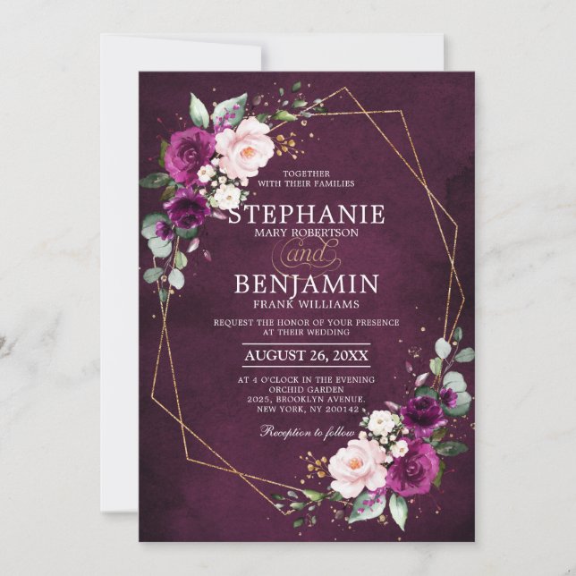 Invitation Plum violet rose rose rose rose Boho Mariage géomé (Devant)