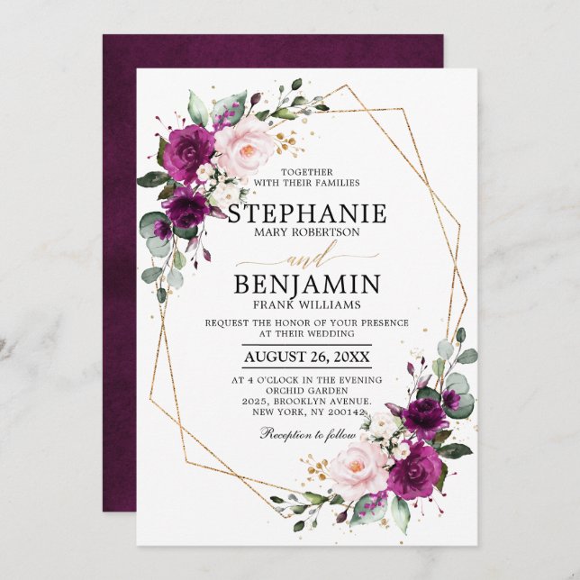Invitation Plum violet rose rose rose rose Boho Mariage géomé (Devant / Derrière)