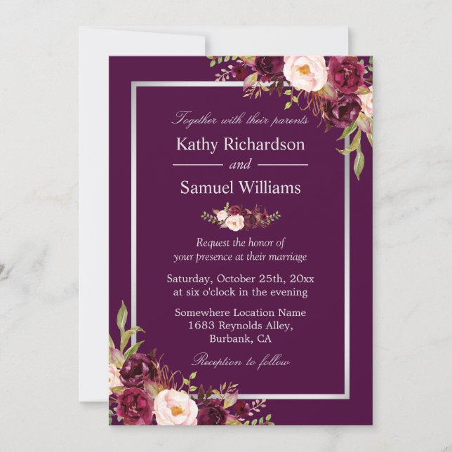 Invitation Plum violet Russe Floral Argent Gris Mariage de au (Devant)