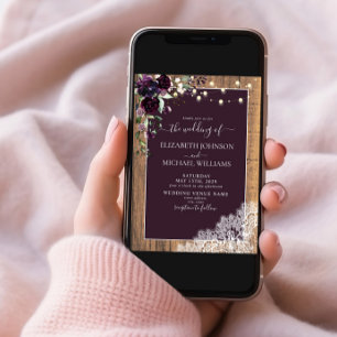 Invitation Plum violet Rustique Mariage de dentelle en bois