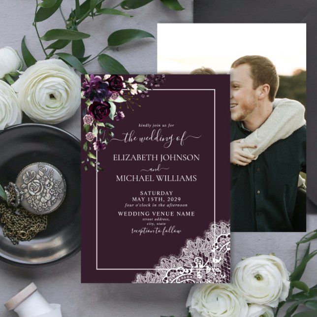 Invitation Plum violet rustique Script dentelle Mariage photo (Créateur téléchargé)