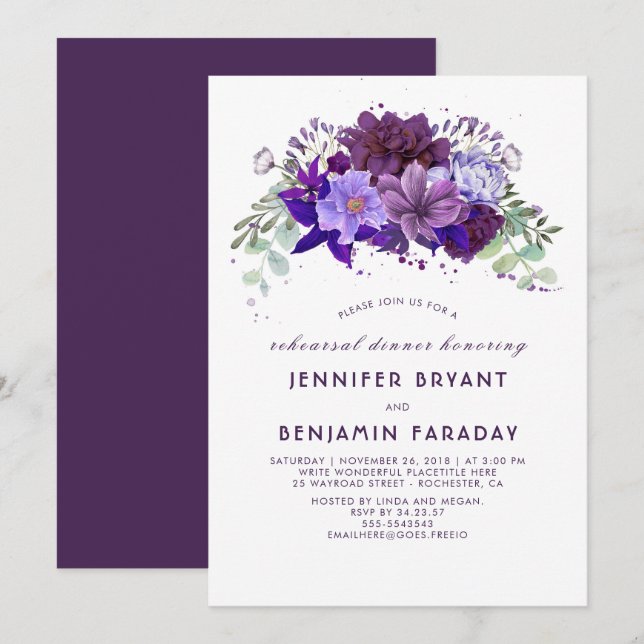 Invitation Plum Violet Violet Floral Élégant Dîner De Répétit (Devant / Derrière)