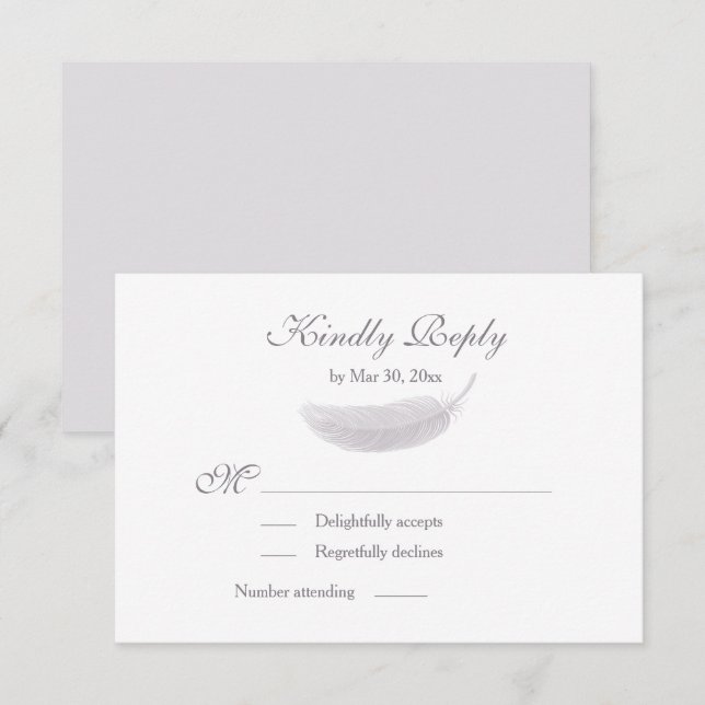 Invitation Plume d'ange lilas blanc gris mariage RSVP (Devant / Derrière)