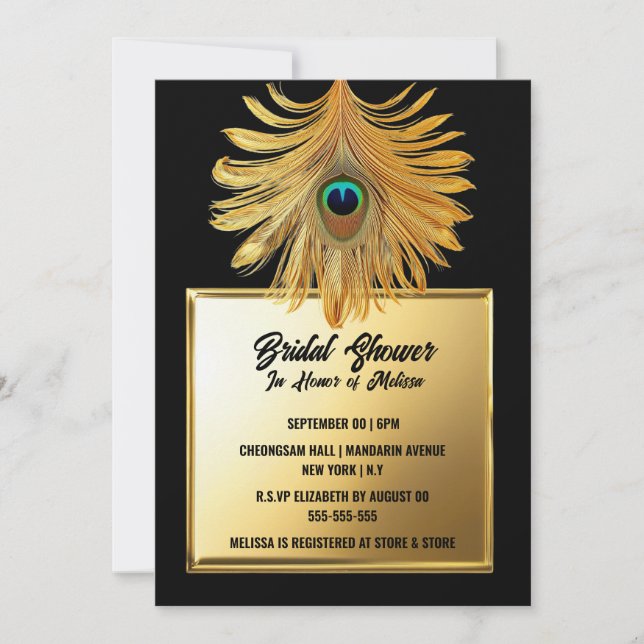 Invitation Plume de plumes de paon noir douche nuptiale or no (Devant)
