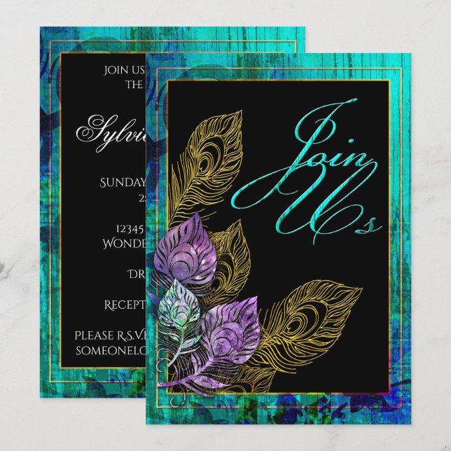 Invitation Plume rustique en bois et de paon de turquoise (Devant / Derrière)