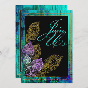 Invitation Plume rustique en bois et de paon de turquoise