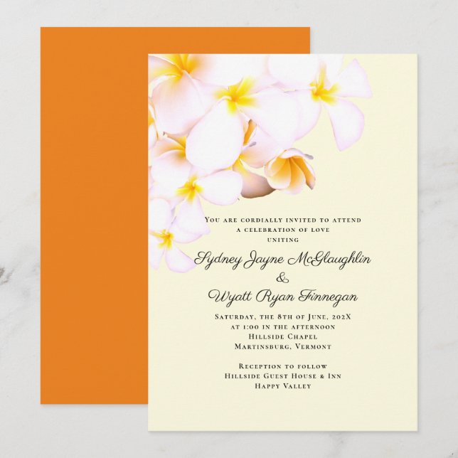 Invitation Plumeria moderne Fleurs hawaïennes Mariage jaune (Devant / Derrière)