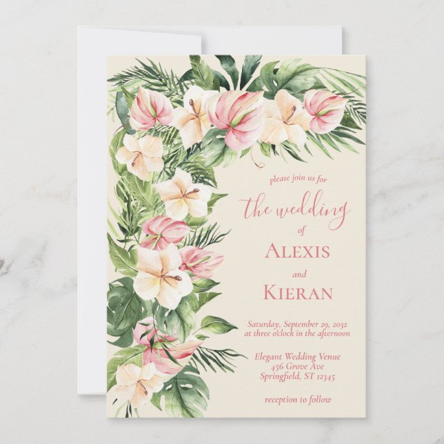 Invitation Plumeria tropicale & Flamant rose Lily Frame Invit (Devant)
