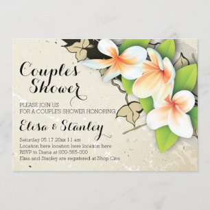 Invitation Plumeria vintage, lierre beige mariage couple douc
