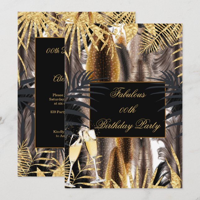 Invitation Plumes Black Gold Champagne Brown Anniversaire (Devant / Derrière)