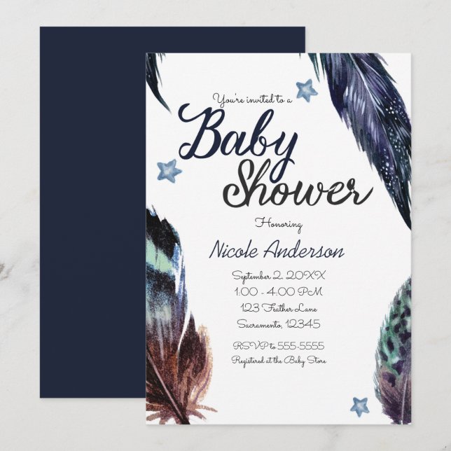 Invitation Plumes bleues Boho Baby shower bohème rustique (Devant / Derrière)