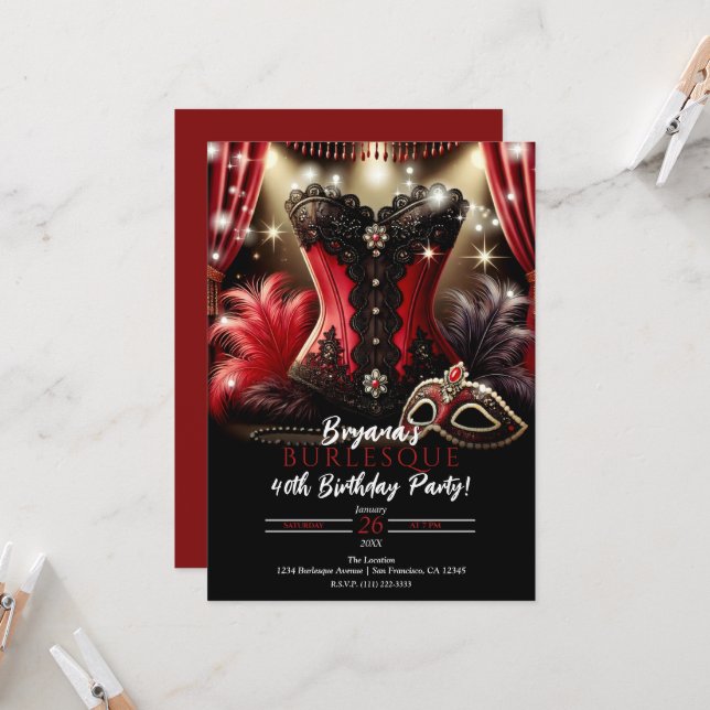 Invitation Plumes burlesques & Bustier Glam fête d'anniversai (Devant/Arrière en situation)
