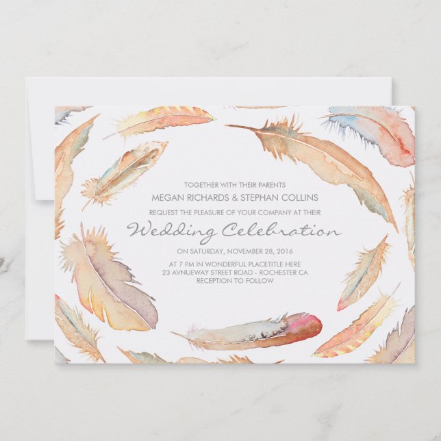 Invitation plumes d'aquarelle de boho tribus et mariage sauva (Devant)