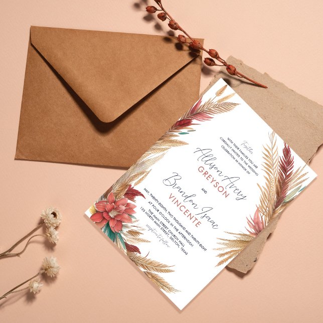 Invitation Plumes de Bohême Blé Freesia Mariage floral (Créateur téléchargé)
