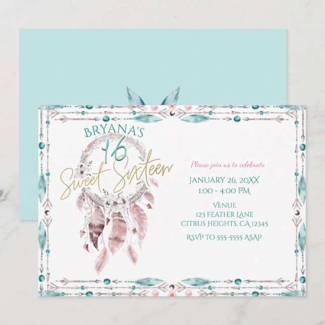 Invitation Plumes de Bohême Dream Catcher Turquoise rose doux (Devant / Derrière)