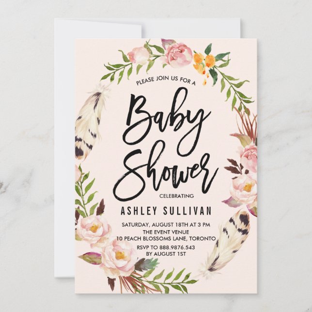 Invitation Plumes de Bohême et Baby shower de couronne de fle (Devant)