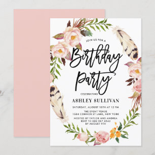 Invitation Plumes de Bohême et fleurs de Wreath fête d'annive