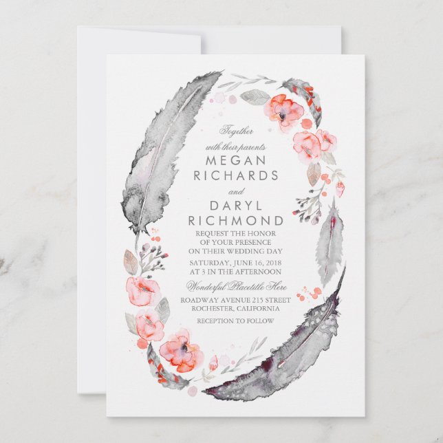 Invitation Plumes de Bohême Mariage rose et gris (Devant)