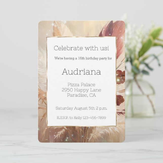 Invitation Plumes de Boho Crème Rouge Floral 16e anniversaire (Debout devant)
