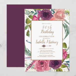 Invitation Plumes de Boho rose pourpre Or floral 50e annivers