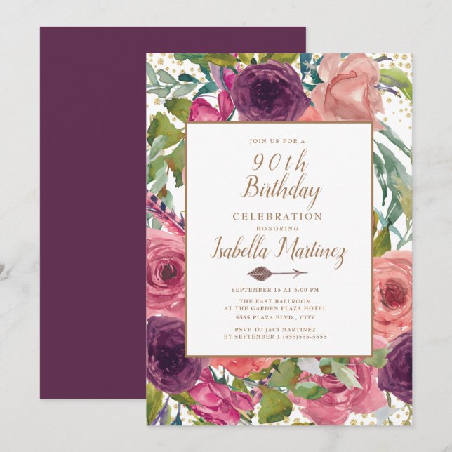 Invitation Plumes de Boho rose pourpre Or floral 90e annivers (Devant / Derrière)