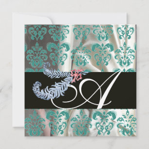 INVITATION PLUMES DE DIAMANT BLANC BLEU SOIE DAMAS MONOGRAMME