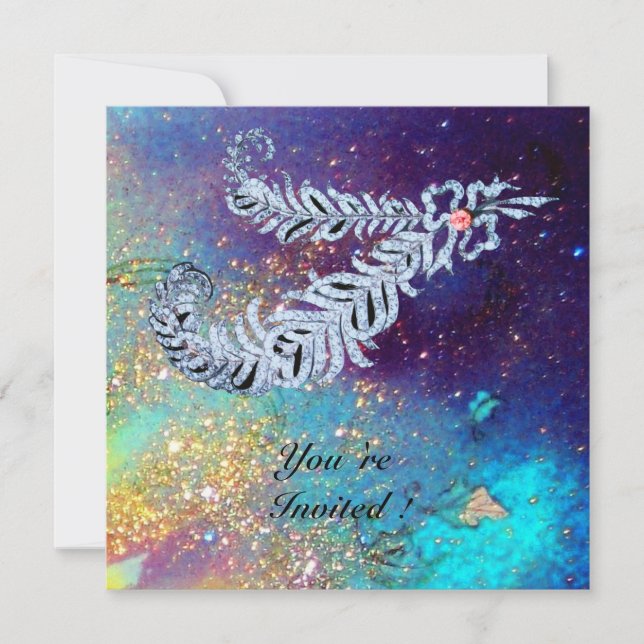 Invitation PLUMES DE DIAMANT, paillettes d'or turquoise bleu (Devant)