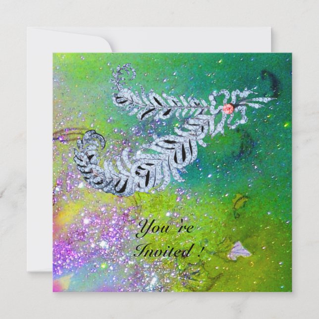 Invitation PLUMES DE DIAMANT , vert violet or étincelant (Devant)