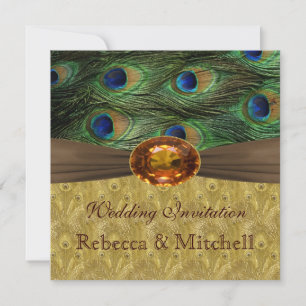 Invitation Plumes de paon avec Mariage en faux ambre