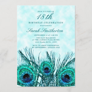 Invitation Plumes de paon bleu sarcelle scintillantes 18ème