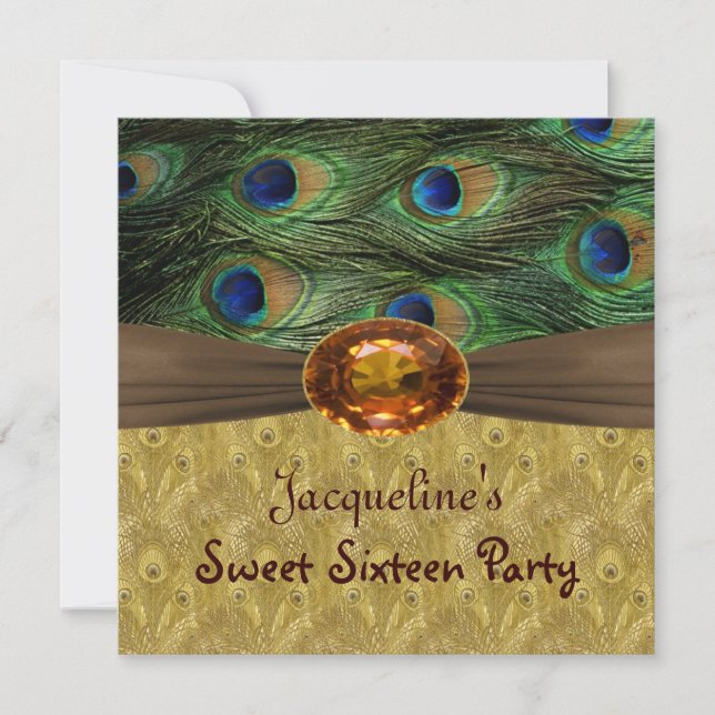 Invitation Plumes de paon bleu vert et or Sweet 16 (Devant)